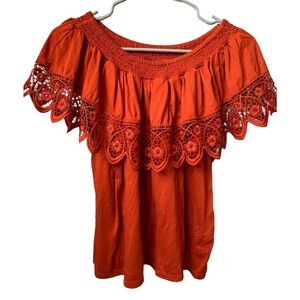 80 PARK Women’s Paprika Red Ruffle Lace Top Elastic Off Shoulder Jersey Knit Top